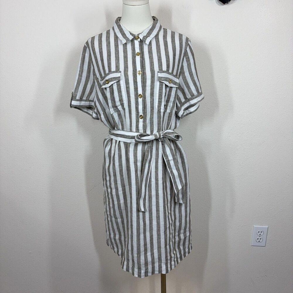 Talbots Shirt Dress Women 16P Petite Striped Linen Belted Pockets Coastal Beachy